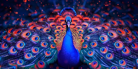 Mesmerizing Neon Peacock Feather Display of Beauty and Pride - obrazy, fototapety, plakaty