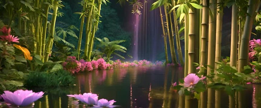bamboo plants in the middle of a jungle with green trees, colorful flowers and a small waterfall at night