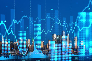 Double exposure of a cityscape with financial graphs, concept of business finance and technology with New York skyline in the background. Double exposure - obrazy, fototapety, plakaty