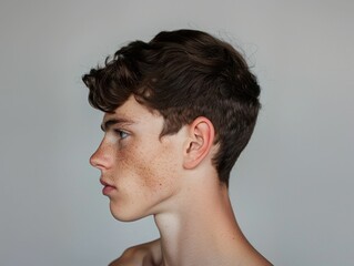 Fototapeta premium Closeup portrait of a young man with freckles on his face looking off to the side