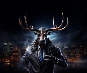 The commanding presence of a moose in a business suit, set against a dark, enigmatic backdrop, captures a unique blend of wilderness and sophistication, Futuristic - obrazy, fototapety, plakaty