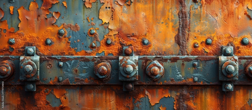 Poster an artistic closeup of a weathered metal surface adorned with screws and bolts, showcasing a unique 