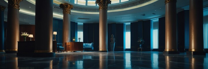 blue theme luxury hotel reception lobby hall interior with columns wide angle panoramic from Generative AI - obrazy, fototapety, plakaty
