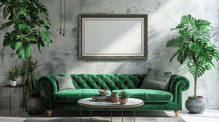 A green couch is in a living room with a large mirror above it