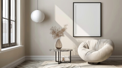 A white room with a white chair and a vase on a table