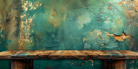 Vintage Textures: Rustic Wooden Bench Against Turquoise Wall