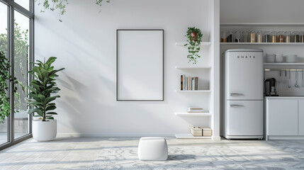 A white kitchen with a white refrigerator and a white wall