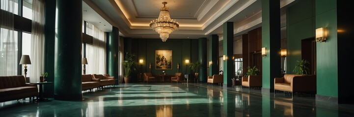 green theme luxury hotel reception lobby hall interior with columns wide angle panoramic from Generative AI - obrazy, fototapety, plakaty