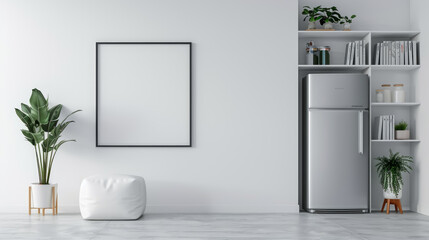 A white refrigerator with a black frame sits in a room with a white wall - obrazy, fototapety, plakaty