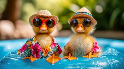 Ducks dressed in a Hawaiian shirt, beach shorts, hat, sunglasses Paddling in inflatable kiddie pool, smiles, summer tones, bright rich colors, cinematic - obrazy, fototapety, plakaty