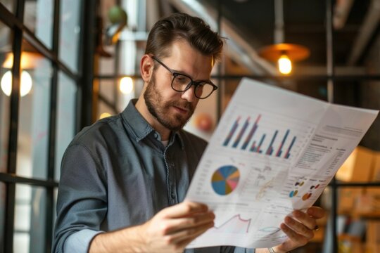 Middleaged man in glasses analyzing financial charts and graphs in a cozy coffee shop setting