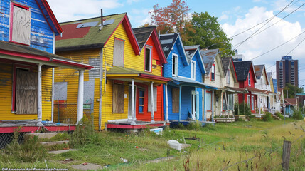 A row of colorful houses with some of them in disrepair