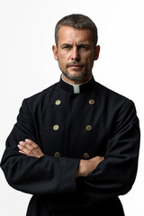 Katholischer Pfarrer in Schwarz, auf weißem Hintergrund - obrazy, fototapety, plakaty