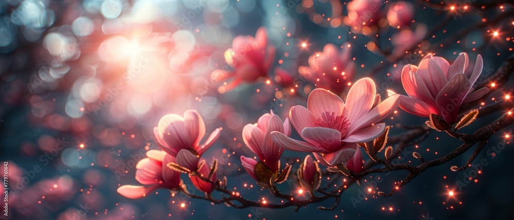 Sticker Flowers in bloom and glowing stars as a fairy tale floral panorama banner with copy space, fantasy mysterious spring background with glowing magnolia blossoms