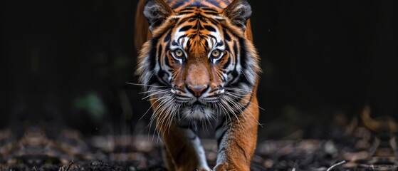 Isolated portrait of a tiger on a black background, with the enormous and magnificent panthera tigris in the foreground and an empty copy space behind it - obrazy, fototapety, plakaty