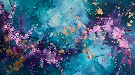 Turquoise tendrils embracing a canvas adorned with shades of rose and midnight violet. - obrazy, fototapety, plakaty