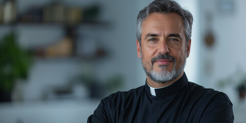 Katholischer Pfarrer in Schwarz, auf weißem Hintergrund - obrazy, fototapety, plakaty