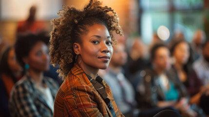 Fototapeta premium A woman with curly hair is sitting in a crowd of people