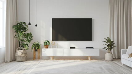 a mockup TV wall in a living room interior design with white wood furniture and beige colors
