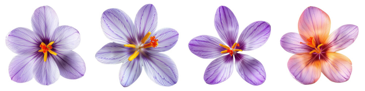 Collection of Single saffron crocus flower top view cutout png isolated on white or transparent background