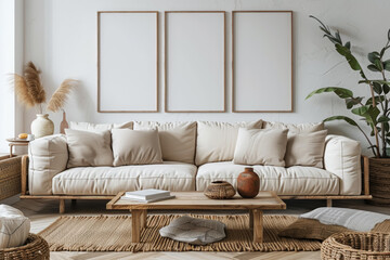 A living room with a white couch, a coffee table, and a vase
