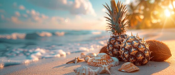 Coconuts, pineapples, and seashells with palm trees and sun rays surrounded by crystal-blue water. Tropical paradise landscape, summer tourism, and beach vacation. - obrazy, fototapety, plakaty