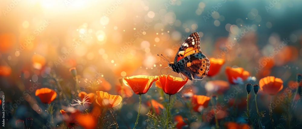 Poster In a peaceful sunny day with a peaceful poppy field and flying butterflies flying in the sky, a beautiful red poppy meadow, and a beautiful Vanessa atalanta red admiral.