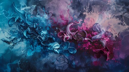 Turquoise tendrils embracing a canvas adorned with shades of rose and midnight violet. - obrazy, fototapety, plakaty