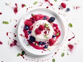 HD Panna Cotta Dessert with Berry Coulis - obrazy, fototapety, plakaty