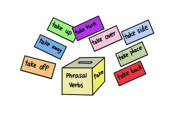 Hand drawn picture of box Phrasal verbs and colorful cards, set of words start with take. Illustration for education. Concept, English grammar teaching. Phrasal verbs lesson. Teaching aid.