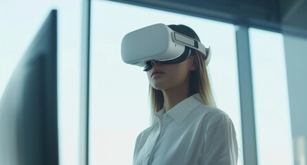 Woman in white shirt using virtual reality headset in front of window at home