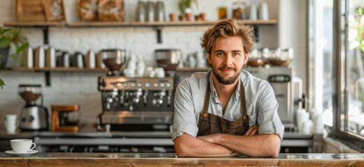 Smiling Barista Leaning on Cafe Counter with Espresso Machine