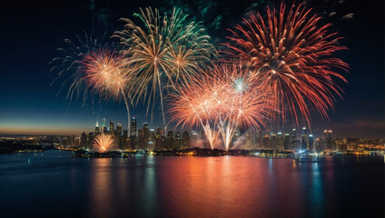 Fototapeta na wymiar Fireworks bursting over a city skyline. Long Exposure