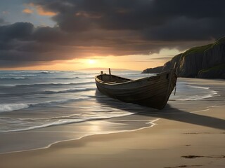 The castaway man stands on a deserted, barren island beach, surrounded by nothing but sand and rocky cliffs. 