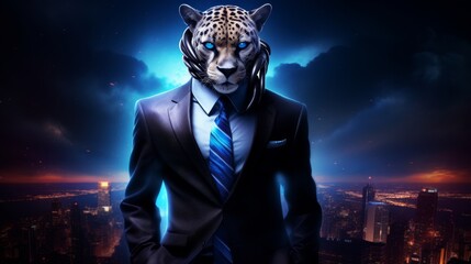 A cheetah stands tall in a full-length business suit against a dark, mysterious backdrop, embodying unmatched authority and elegance, Futuristic - obrazy, fototapety, plakaty