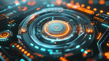 Sci-fi interface with circle and buttons, dark background - obrazy, fototapety, plakaty