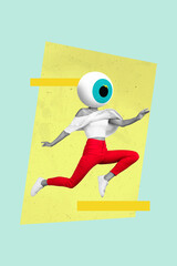 Creative photo image collage running woman headless huge weird concept eyeball supervision eyesight...