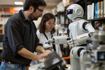 Scientist Analyzing Data with Advanced Robotic Arm in Laboratory