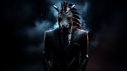 The silhouette of a zebra, donned in a business suit, stands out against a dark, mysterious backdrop, embodying both authority and natural elegance, Futuristic - obrazy, fototapety, plakaty