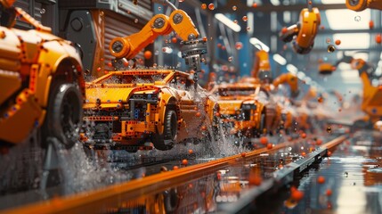 Assembly line in car factory, with red Lego car on conveyor belt being built by robotic arm