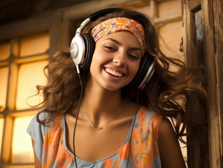 Young Woman Wearing Headphones and Smiling