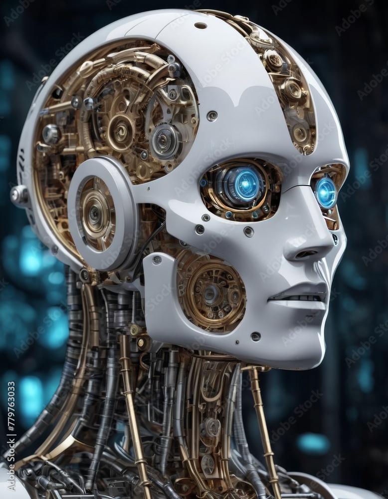 Poster a futuristic robotic head model featuring intense blue eyes and intricate mechanical design, evoking