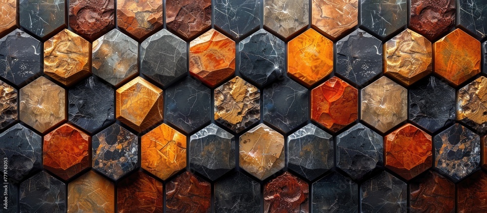 Poster an artistic display of hexagonal tiles on a wall, showcasing symmetry and pattern. the building mate