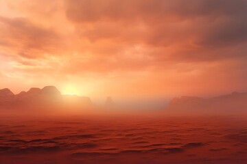 A dawn on the surface of Mars. The deserts and craters of Mars look like a painting, surrounded by misty clouds and mystical shadows, creating an atmosphere of mystery and mystery.