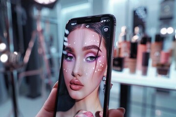 Person holding up smartphone displaying photo of woman's face in closeup view, digital portrait concept