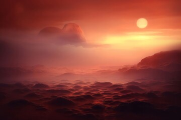 A dawn on the surface of Mars. The deserts and craters of Mars look like a painting, surrounded by misty clouds and mystical shadows, creating an atmosphere of mystery and mystery. - obrazy, fototapety, plakaty