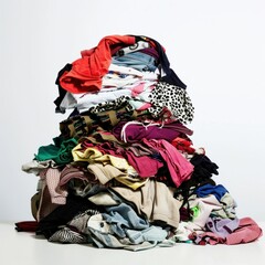 A cluttered stack of various clothing items resting on a clean white table against a plain white backdrop