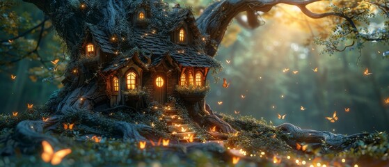 Magical elf or gnome house with shining windows and open door in enchanted fairyland; flying butterflies leaving path with luminous sparkles.