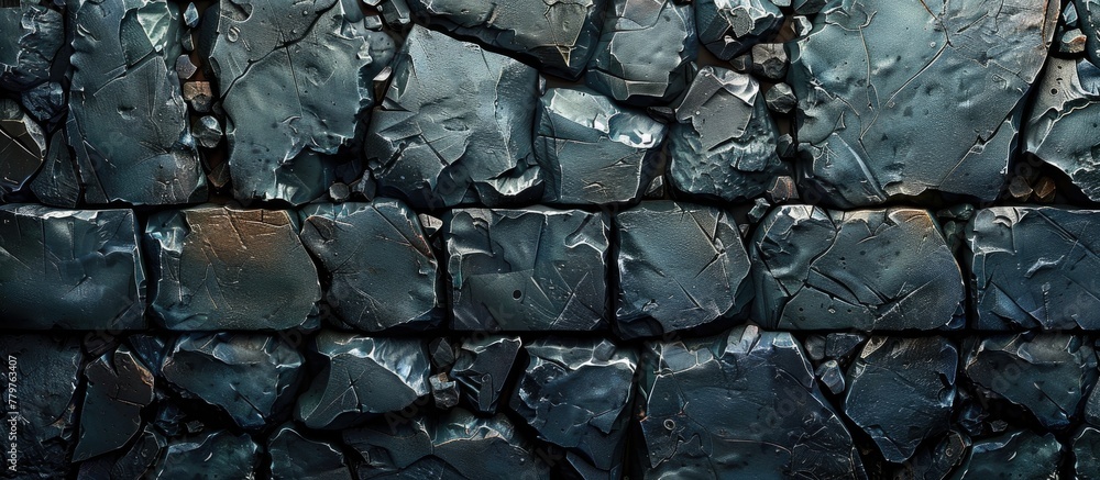 Poster an artistic pattern of black rocks resembling automotive tires stacked neatly to form a stone wall. 