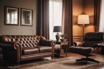 Vintage Living room with leather sofa and leather armchair.